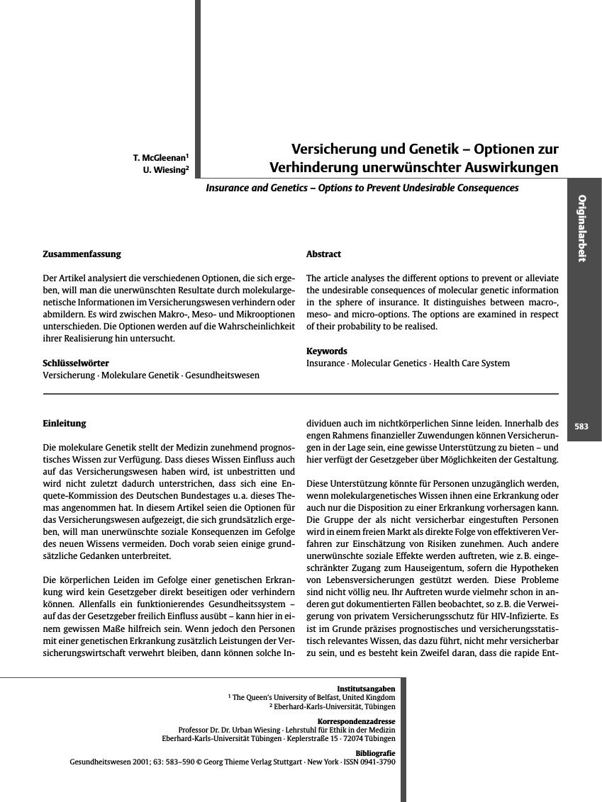 Vorschauseite 1: Versicherung und Genetik - Optionen zur Verhinderung unerwünschter Auswirkungen