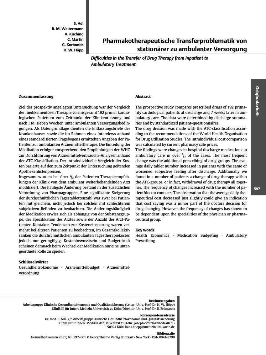 Vorschauseite 1: Pharmakotherapeutische Transferproblematik von stationärer zu ambulanter Versorgung