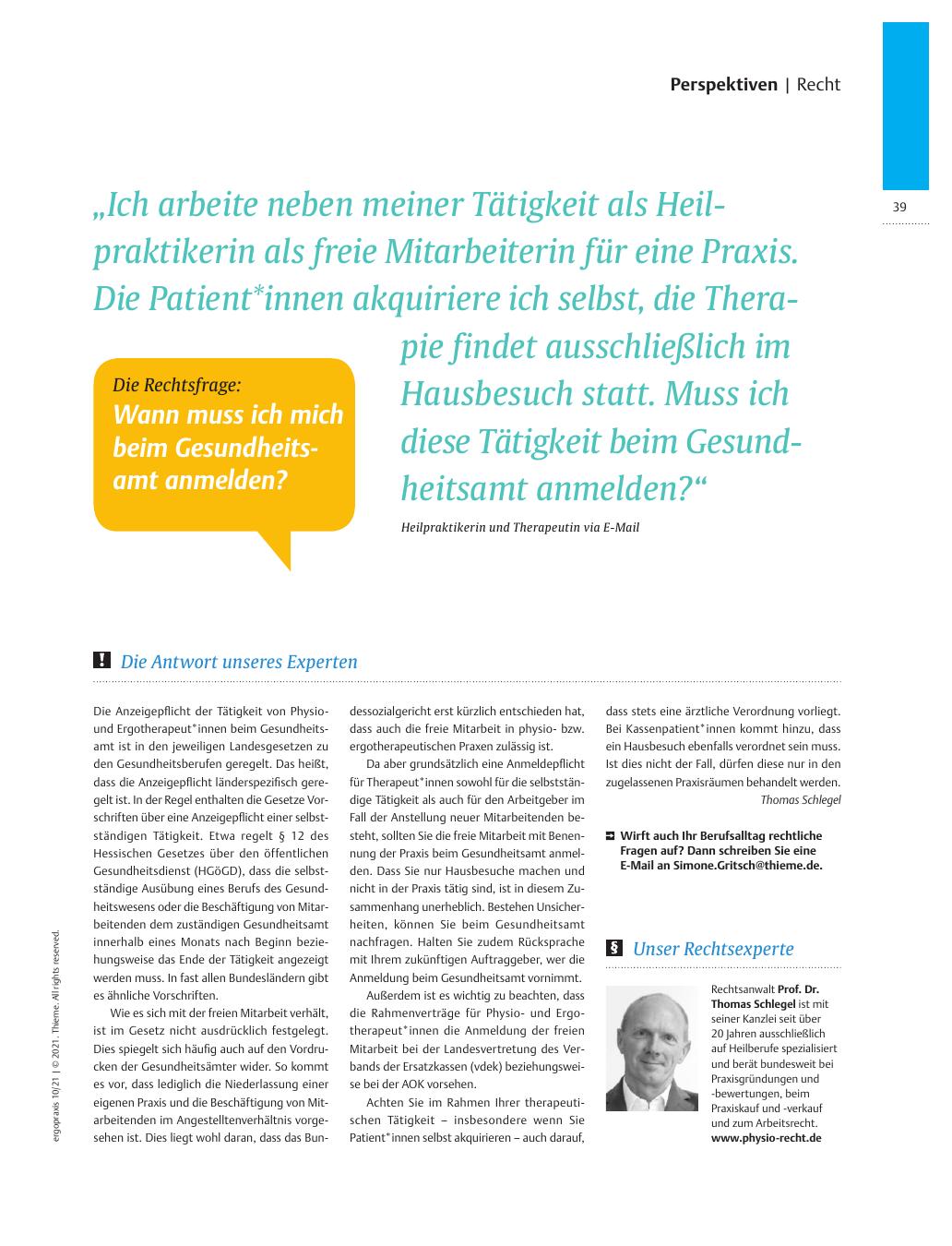 Vorschauseite 1: Die Rechtsfrage: Wann muss ich mich beim Gesundheitsamt anmelden?