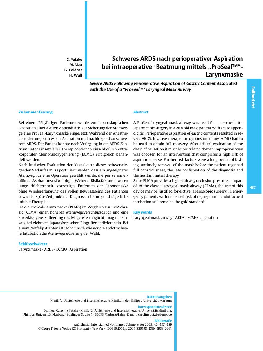Vorschauseite 1: Schweres ARDS nach perioperativer Aspiration bei intraoperativer Beatmung mittels „ProSeal™”-Larynxmaske