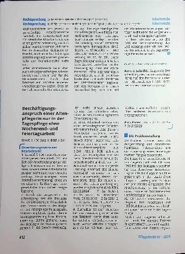 Vorschauseite 1: Beschäftigungs anspruch einer Altenpflegerin nur in der Tagespflege ohne Wochenendund Feiertagsarbeit
