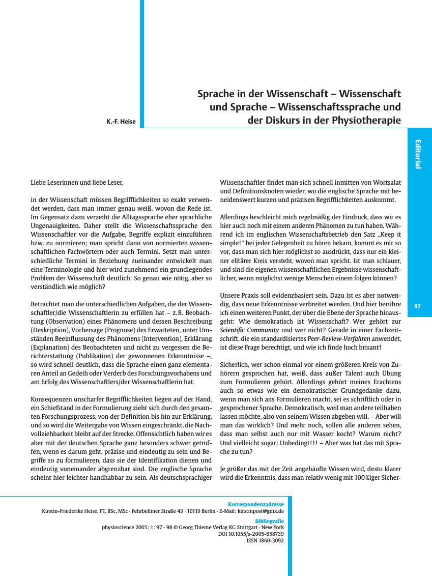 Vorschauseite 1: Sprache in der Wissenschaft - Wissenschaft und Sprache - Wissenschaftssprache und der Diskurs in der Physiotherapie