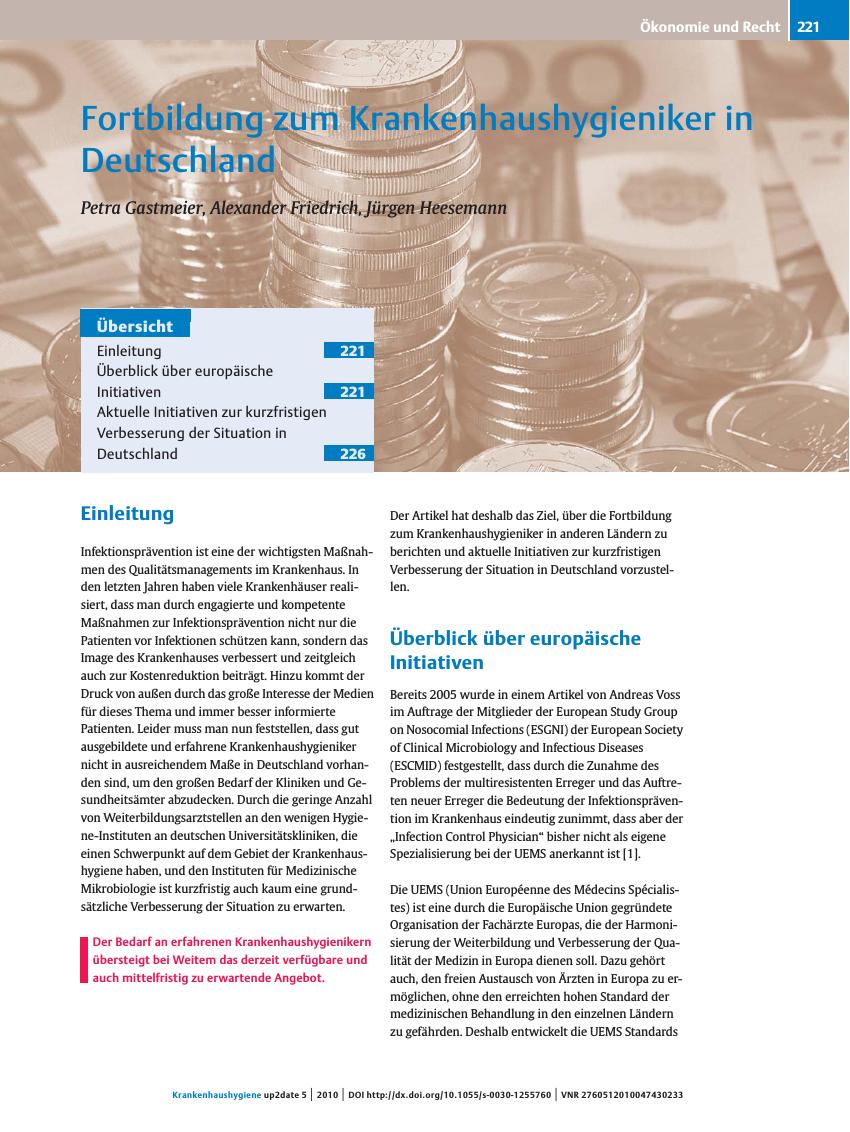 Vorschauseite 1: Fortbildung zum Krankenhaushygieniker in Deutschland