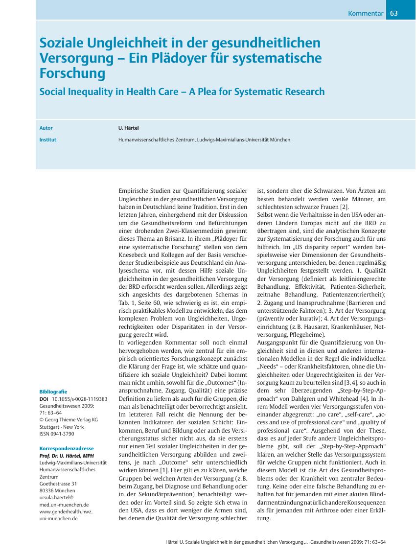 Vorschauseite 1: Soziale Ungleichheit in der gesundheitlichen Versorgung – Ein Plädoyer für systematische Forschung