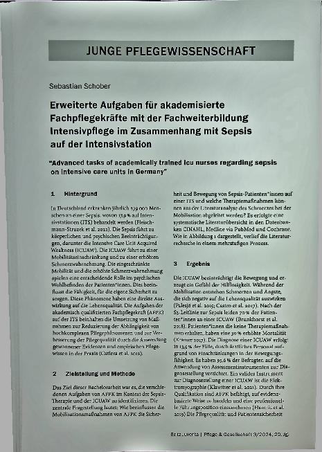 Vorschauseite 1: Erweiterte Aufgaben für akademisierte Fachpflegekräfte mit der Fachweiterbildung Intensivpflege im Zusammenhang mit Sepsis auf der Intensivstation.