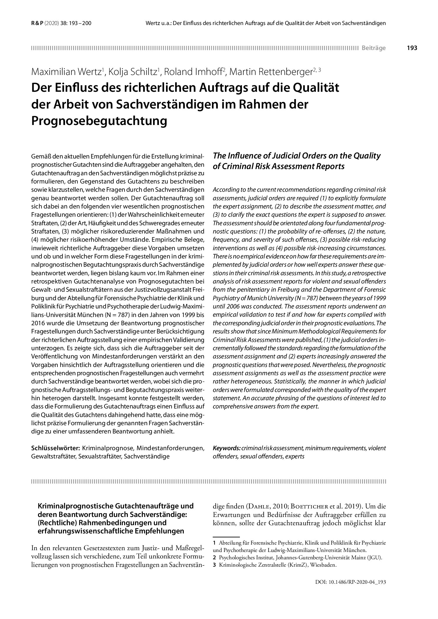 Vorschauseite 1: Der Einfluss des richterlichen Auftrags auf die Qualität der Arbeit von Sachverständigen im Rahmen der Prognosebegutachtung