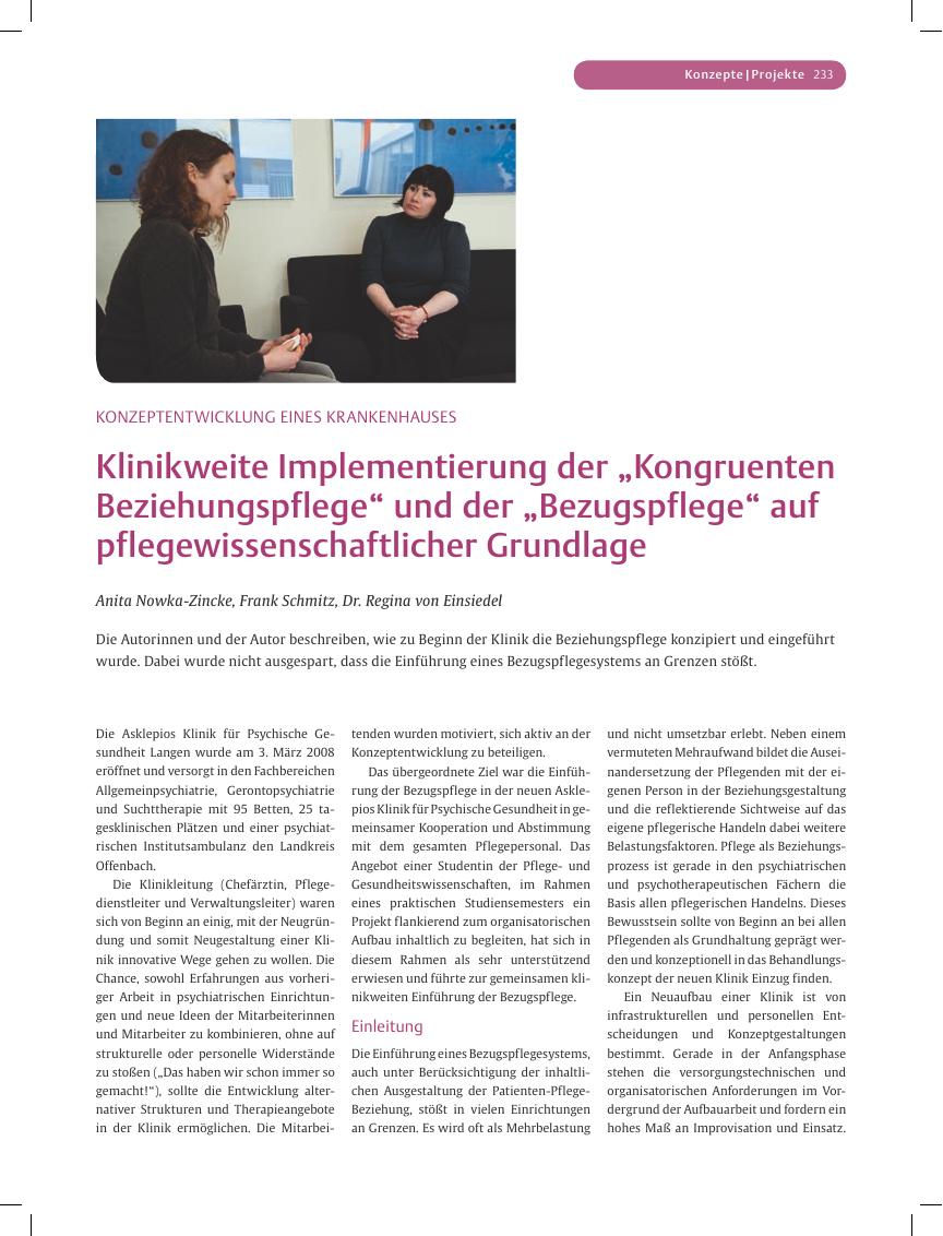 Vorschauseite 1: Klinikweite Implementierung der „Kongruenten Beziehungspflege” und der „Bezugspflege” auf pflegewissenschaftlicher Grundlage