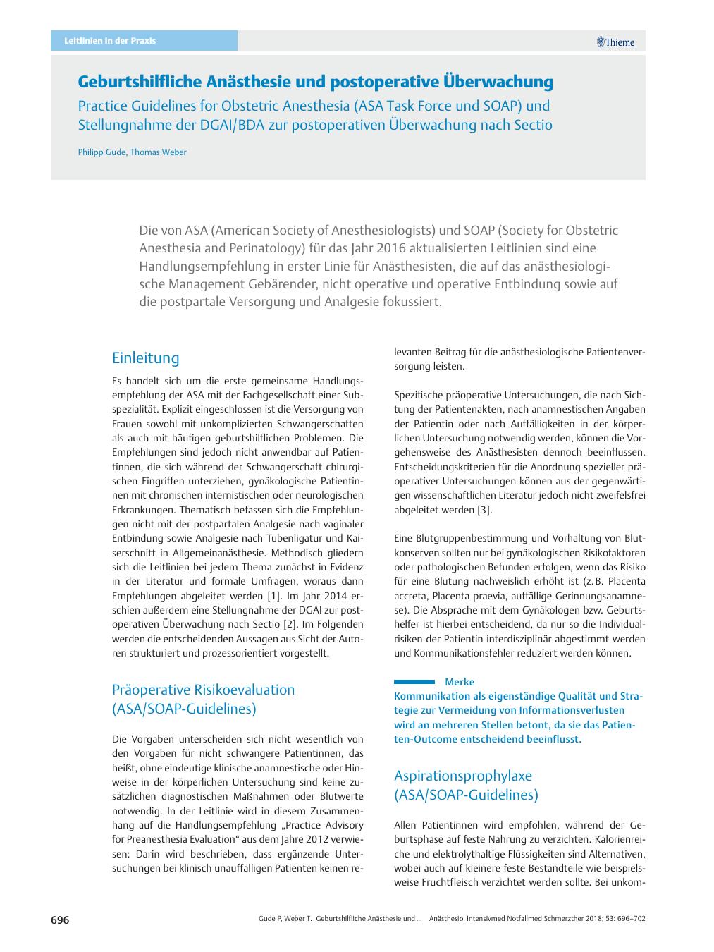 Vorschauseite 1: Geburtshilfliche Anästhesie und postoperative Überwachung