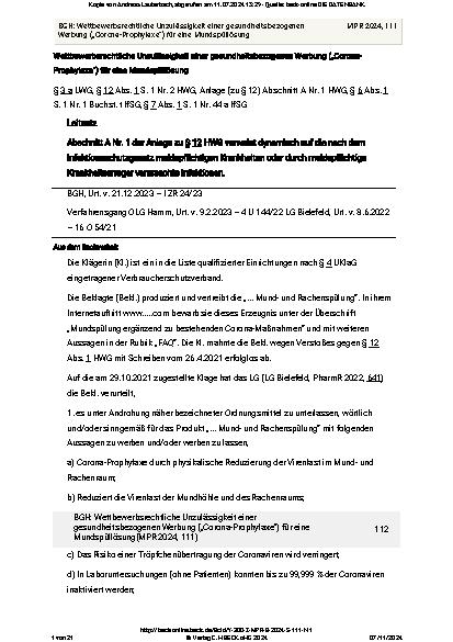Vorschauseite 1: Wettbewerbsrechtliche Unzulässigkeit einer gesundheitsbezogenen Werbung ("Corona-Prophylaxe") für eine Mundspüllösung
