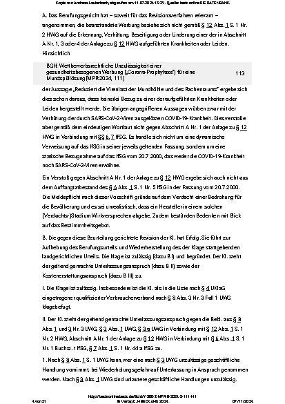 Vorschauseite 4: Wettbewerbsrechtliche Unzulässigkeit einer gesundheitsbezogenen Werbung ("Corona-Prophylaxe") für eine Mundspüllösung