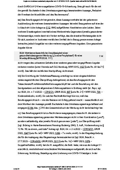 Vorschauseite 6: Wettbewerbsrechtliche Unzulässigkeit einer gesundheitsbezogenen Werbung ("Corona-Prophylaxe") für eine Mundspüllösung