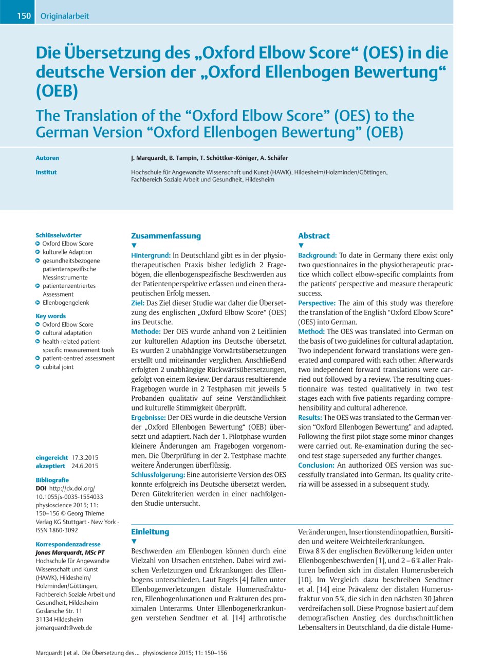 Vorschauseite 1: Die Übersetzung des „Oxford Elbow Score“ (OES) in die deutsche Version der „Oxford Ellenbogen Bewertung“ (OEB)