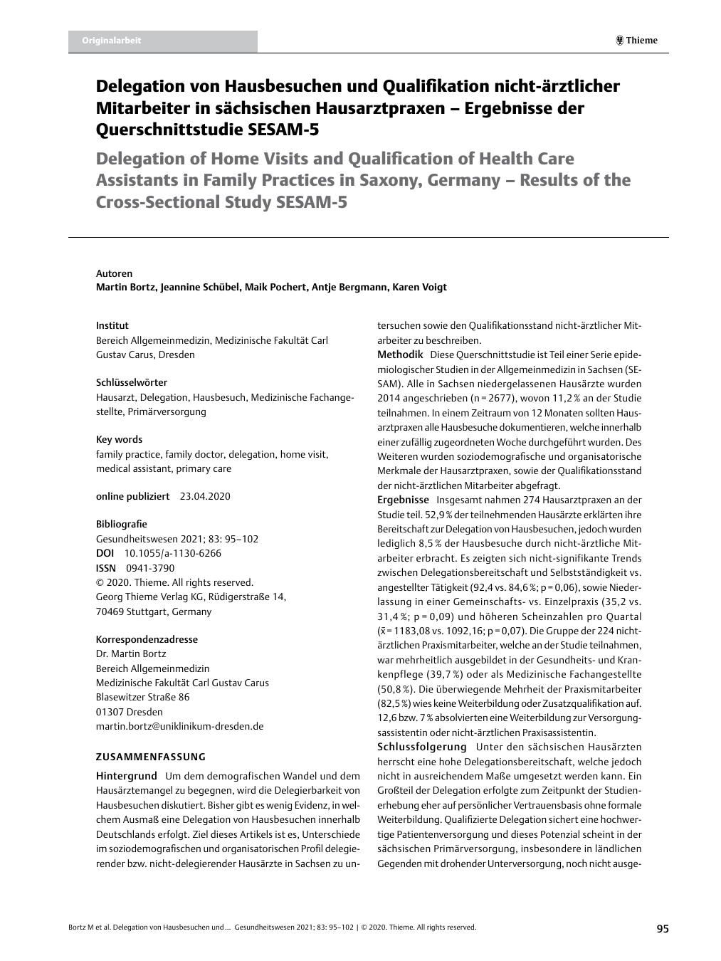Vorschauseite 1: Delegation von Hausbesuchen und Qualifikation nicht-ärztlicher Mitarbeiter in sächsischen Hausarztpraxen – Ergebnisse der Querschnittstudie SESAM-5