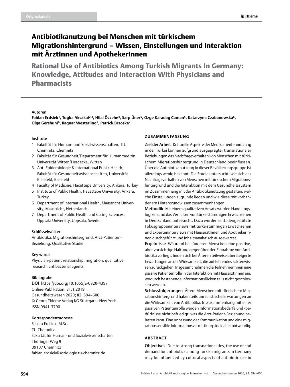 Vorschauseite 1: Antibiotikanutzung bei Menschen mit türkischem Migrationshintergrund – Wissen, Einstellungen und Interaktion mit ÄrztInnen und ApothekerInnen