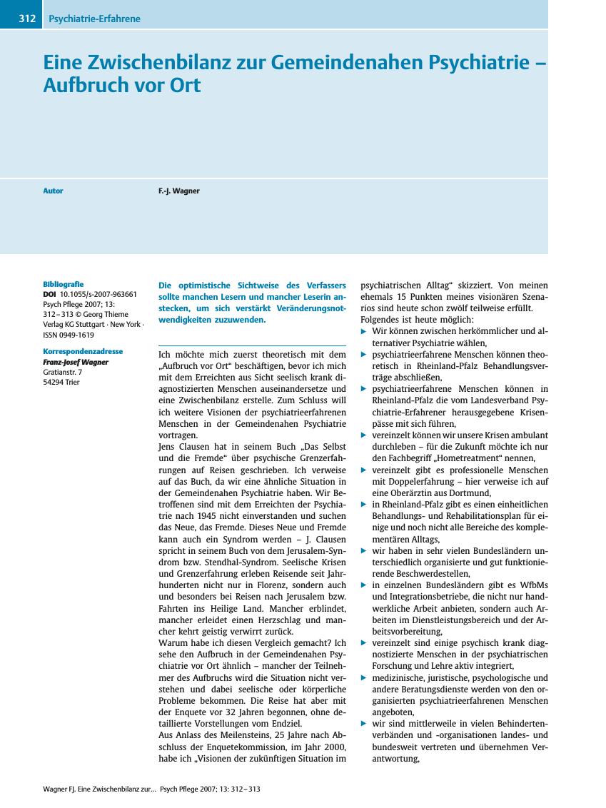Vorschauseite 1: Eine Zwischenbilanz zur Gemeindenahen Psychiatrie - Aufbruch vor Ort