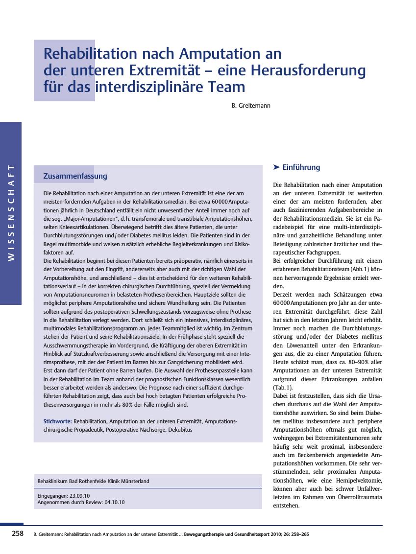 Vorschauseite 1: Rehabilitation nach Amputation an der unteren Extremität – eine Herausforderung für das interdisziplinäre Team
