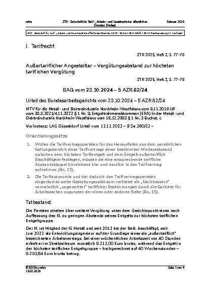Vorschauseite 1: I. Tarifrecht Außertariflicher Angestellter – Vergütungsabstand zur höchsten tariflichen Vergütung
