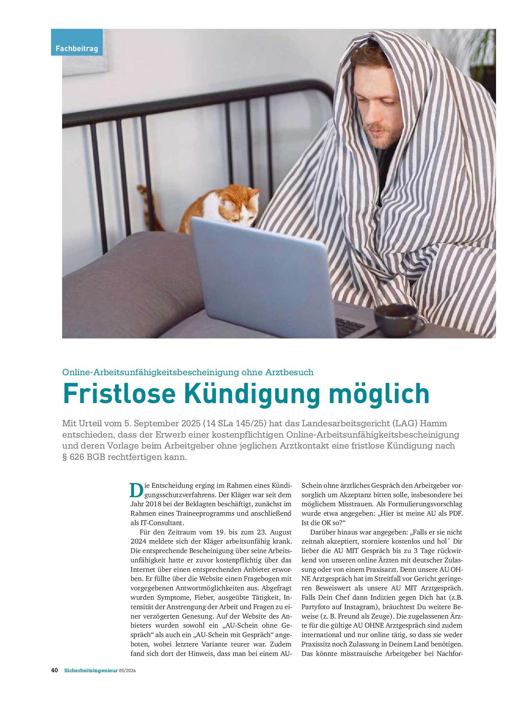 Vorschauseite 1: Online-Arbeitsunfähigkeitsbescheinigung ohne Arztbesuch. Fristlose Kündigung möglich
