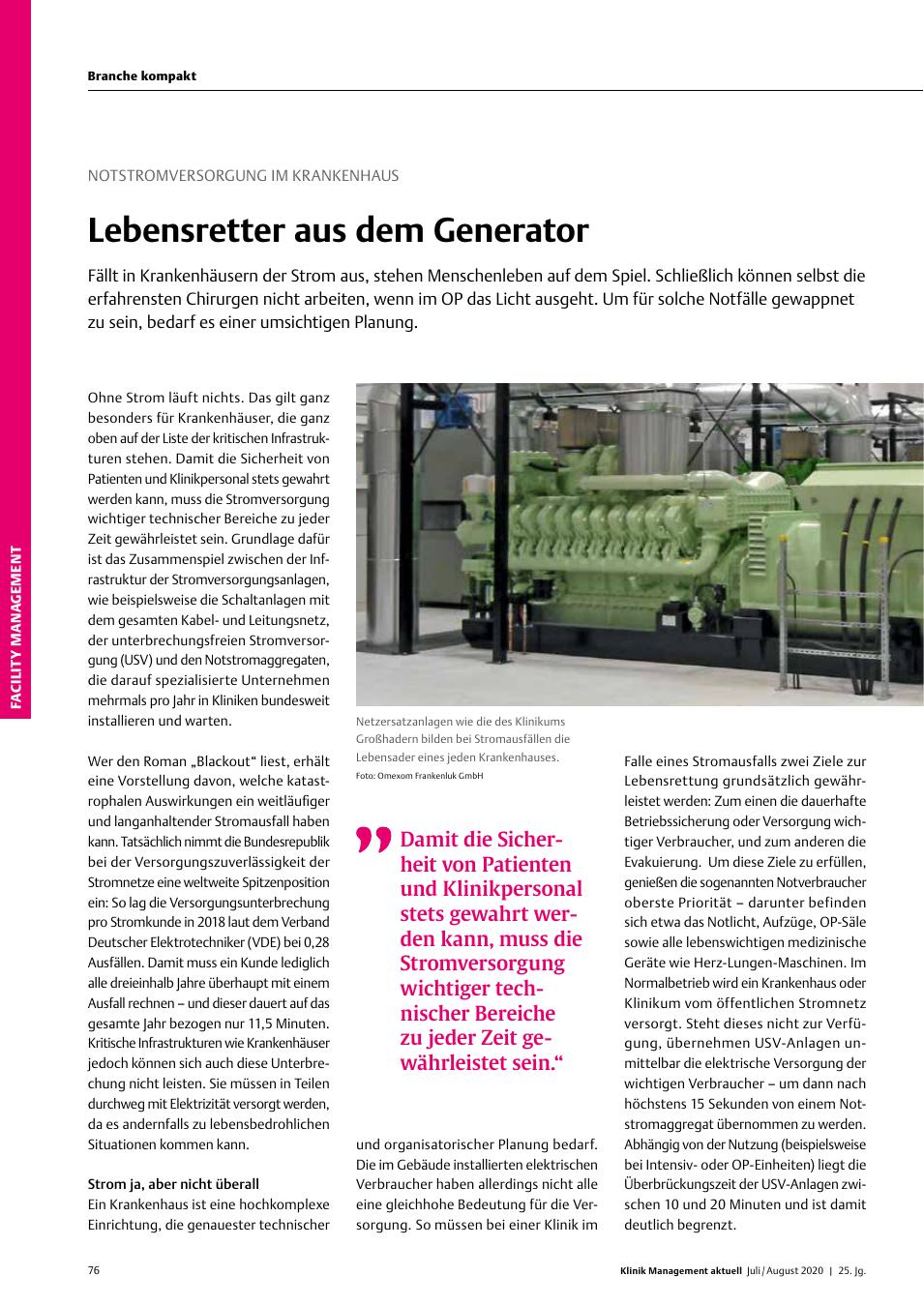 Vorschauseite 1: Notstromversorgung im Krankenhaus: Lebensretter aus dem Generator