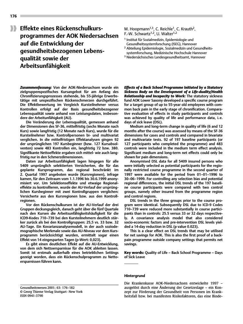 Vorschauseite 1: Effekte eines Rückenschulkursprogrammes der AOK Niedersachsen auf die Entwicklung der gesundheitsbezogenen Lebensqualität sowie der Arbeitsunfähigkeit