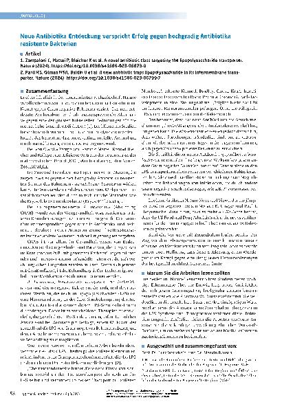 Vorschauseite 1: Neue Antibiotika-Entdeckung verspricht Erfolg gegen hochgradig antibiotikaresistente Bakterien.