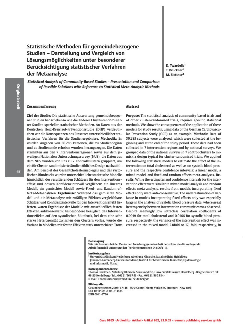 Vorschauseite 1: Statistische Methoden für gemeindebezogene Studien - Darstellung und Vergleich von Lösungsmöglichkeiten unter besonderer Berücksichtigung statistischer Verfahren der Metaanalyse