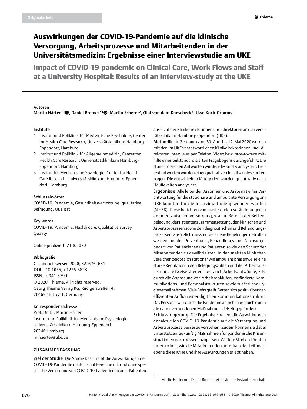 Vorschauseite 1: Auswirkungen der COVID-19-Pandemie auf die klinische Versorgung, Arbeitsprozesse und Mitarbeitenden in der Universitätsmedizin: Ergebnisse einer Interviewstudie am UKE