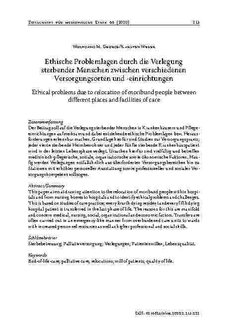 Vorschauseite 1: Ethische Problemlagen durch die Verlegung sterbender Menschen zwischen verschiedenen Versorgungsorten und -Einrichtungen