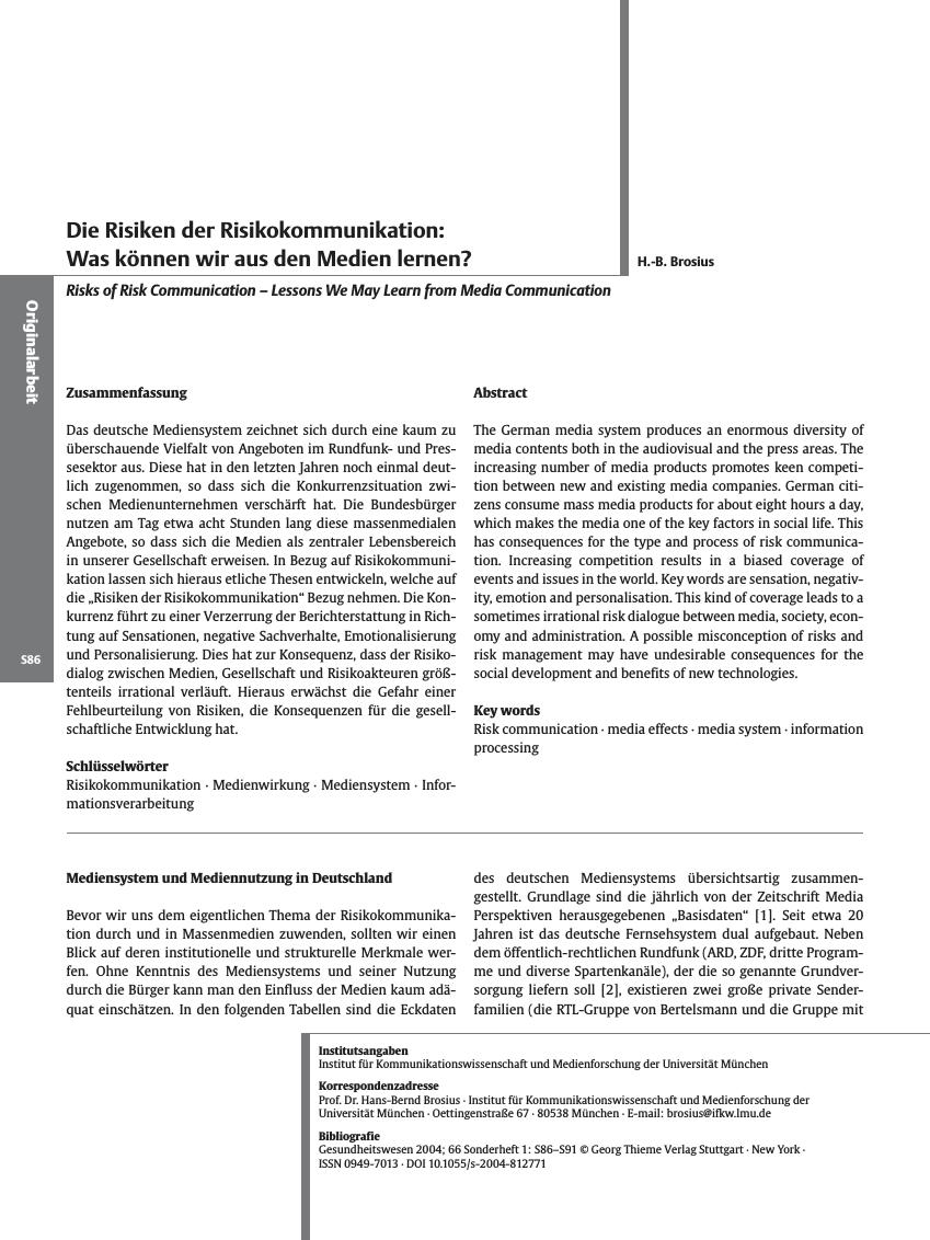 Vorschauseite 1: Die Risiken der Risikokommunikation: Was können wir aus den Medien lernen?
