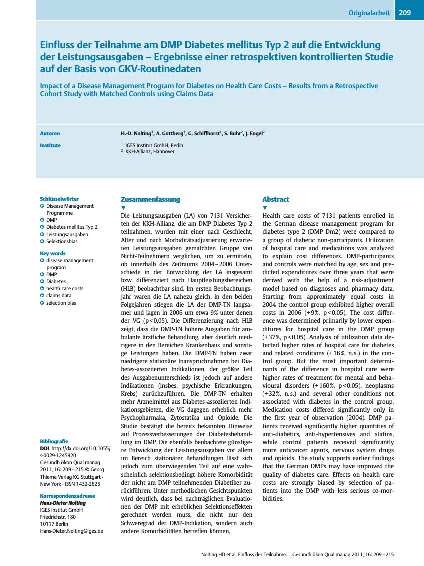Vorschauseite 1: Einfluss der Teilnahme am DMP Diabetes mellitus Typ 2 auf die Entwicklung der Leistungsausgaben – Ergebnisse einer retrospektiven kontrollierten Studie auf der Basis von GKV-Routi…
