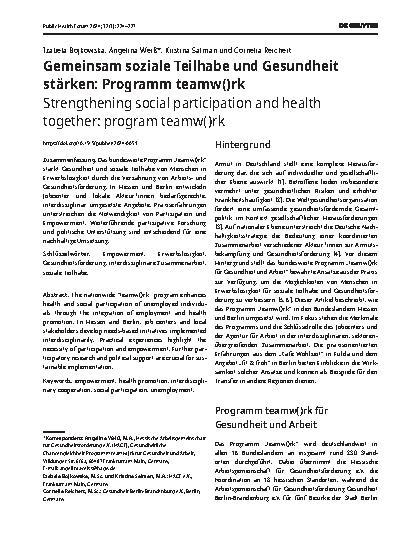 Vorschauseite 1: Gemeinsam soziale Teilhabe und Gesundheit stärken: Programm teamw()rk