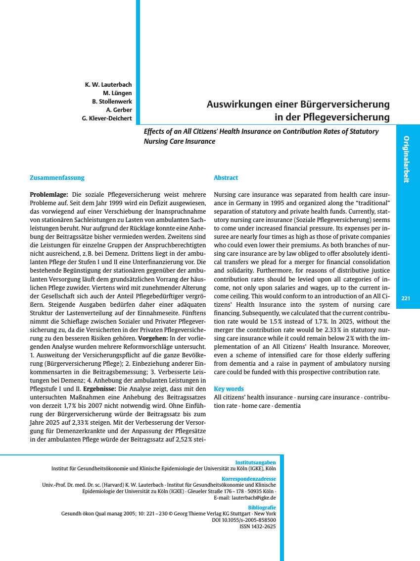 Vorschauseite 1: Auswirkungen einer Bürgerversicherung in der Pflegeversicherung