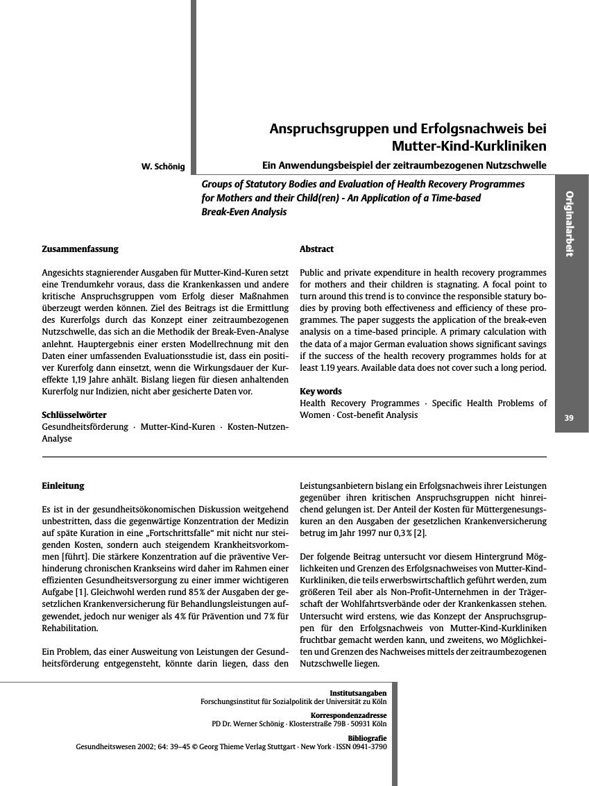 Vorschauseite 1: Anspruchsgruppen und Erfolgsnachweis bei Mutter-Kind-Kurkliniken