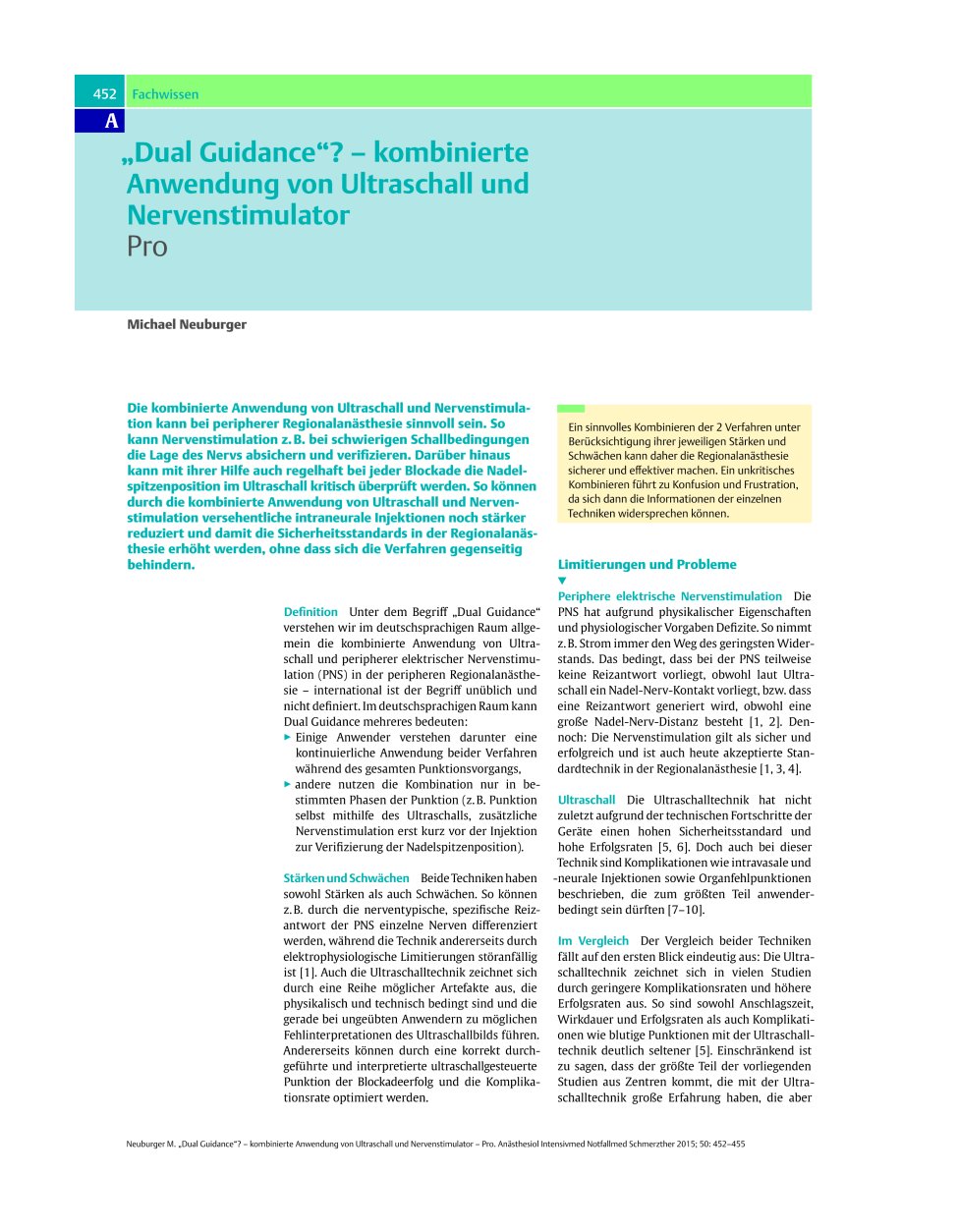 Vorschauseite 1: „Dual Guidance“? – kombinierte Anwendung von Ultraschall und Nervenstimulator – Pro