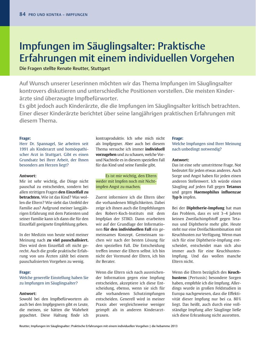 Vorschauseite 1: Impfungen im Säuglingsalter: Praktische Erfahrungen mit einem individuellen Vorgehen