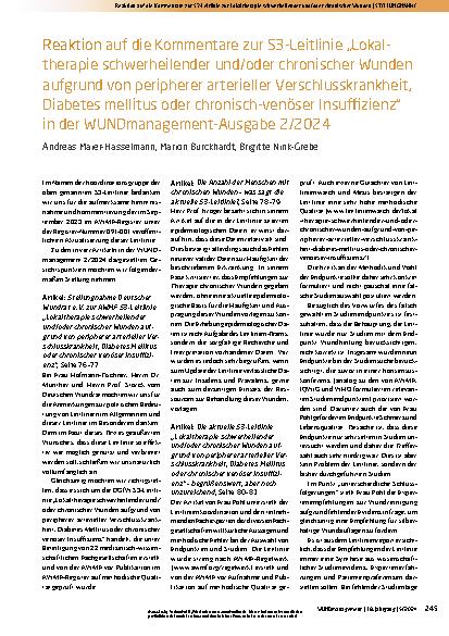 Vorschauseite 1: Reaktion auf die Kommentare zur S3-Leitlinie „Lokaltherapie schwerheilender und/oder chronischer Wunden aufgrund von peripherer arterieller Verschlusskrankheit, Diabetes mellitus…