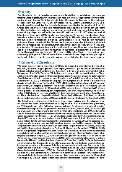 Vorschauseite 2: Pflege im Kontext Klimawandel Wissensstand von Pflegefachkräften zum Thema Klimawandel, Gesundheitsförderung, Krankheitsprävention und Pflege während der Hitzewellen