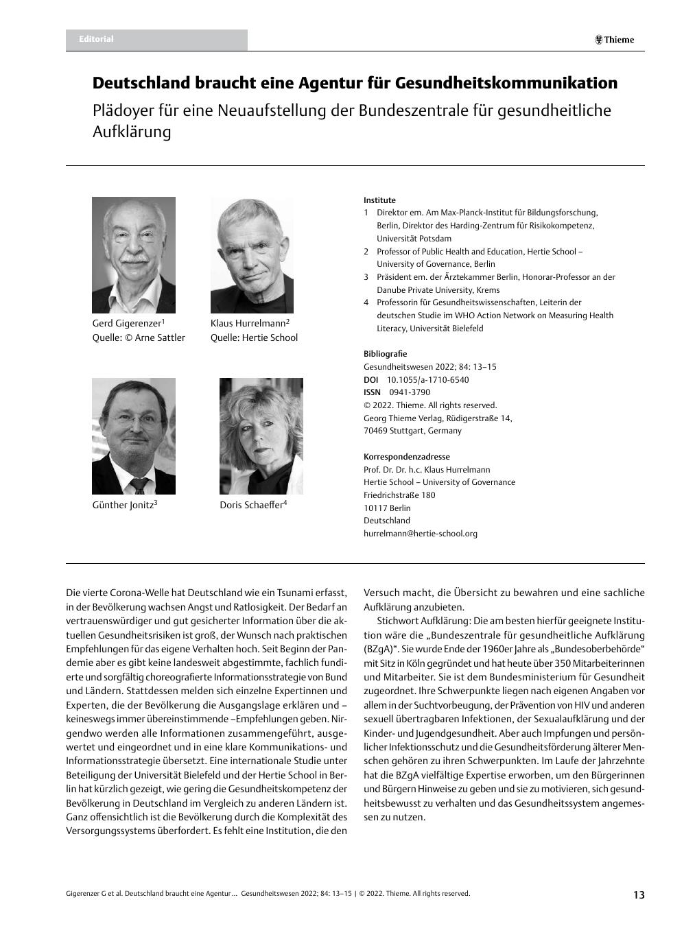 Vorschauseite 1: Deutschland braucht eine Agentur für Gesundheitskommunikation.