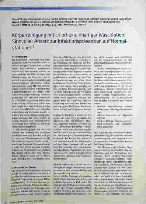 Vorschauseite 1: Körperreinigung mit chlorhexidinhaltiger Waschlotion: Sinnvoller Ansatz zur Infektionsprävention auf Normalstationen?