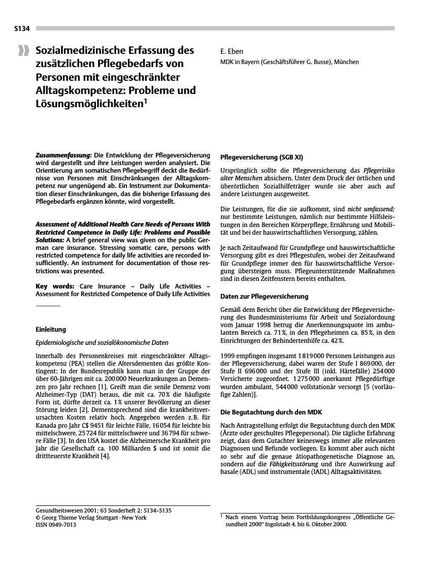 Vorschauseite 1: Sozialmedizinische Erfassung des zusätzlichen Pflegebedarfs von Personen mit eingeschränkter Alltagskompetenz: Probleme und Lösungsmöglichkeiten