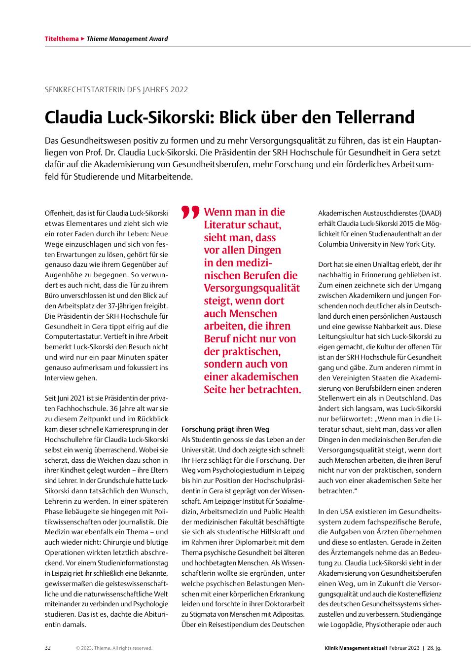Vorschauseite 1: Senkrechtstarterin des Jahres 2022: Claudia Luck-Sikorski: Blick über den Tellerrand