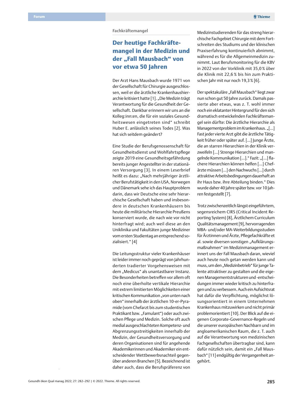Vorschauseite 1: Fachkräftemangel - Der heutige Fachkräftemangel in der Medizin und der „Fall Mausbach“ von vor etwa 50 Jahren