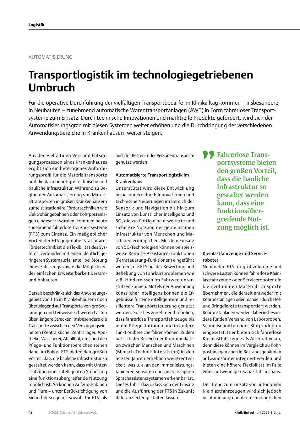 Vorschauseite 1: Automatisierung: Transportlogistik im technologiegetriebenen Umbruch