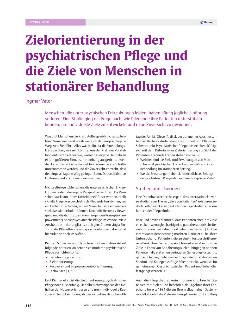 Vorschauseite 1: Zielorientierung in der psychiatrischen Pflege und die Ziele von Menschen in stationärer Behandlung