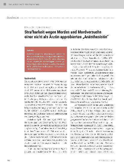 Vorschauseite 1: Strafbarkeit wegen Mordes und Mordversuchs einer nicht als Ärztin approbierten „Anästhesistin“