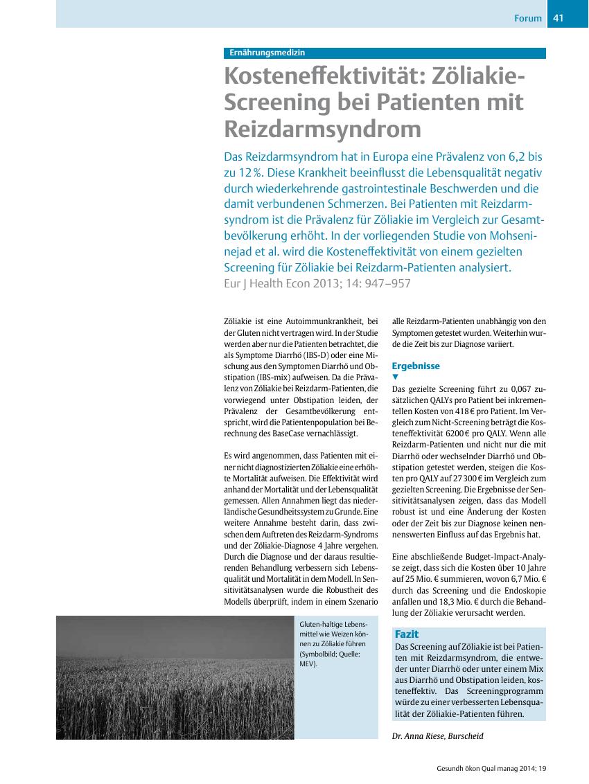 Vorschauseite 1: Ernährungsmedizin – Kosteneffektivität: Zöliakie-Screening bei Patienten mit Reizdarmsyndrom