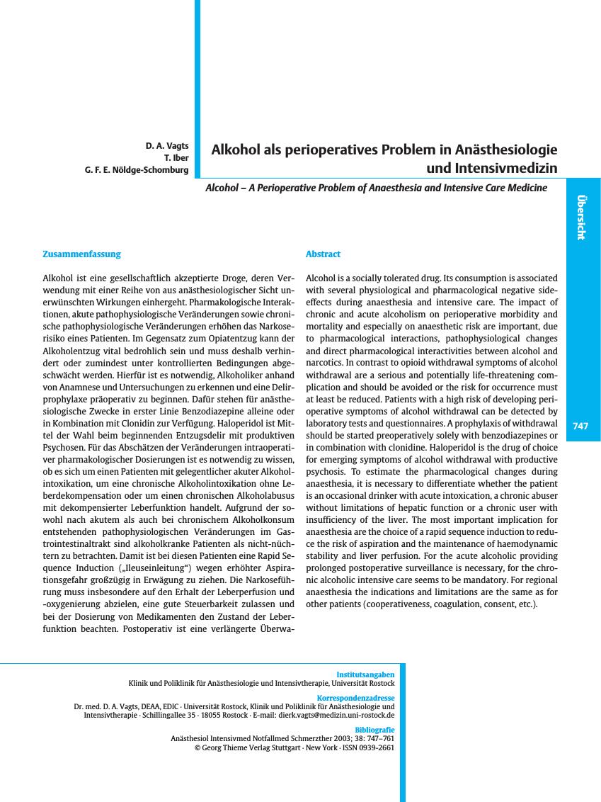 Vorschauseite 1: Alkohol als perioperatives Problem in Anästhesiologie und Intensivmedizin