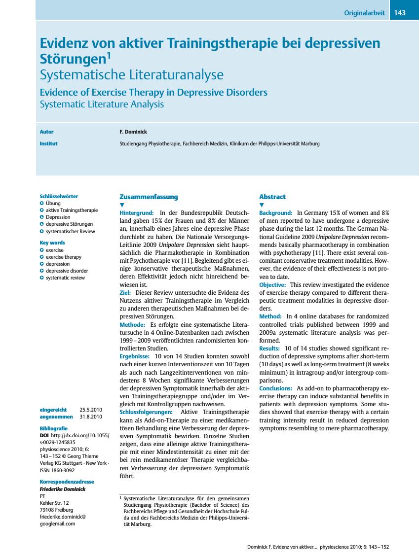 Vorschauseite 1: Evidenz von aktiver Trainingstherapie bei depressiven Störungen