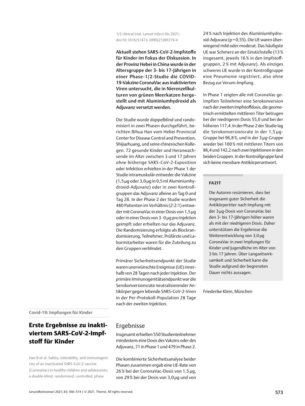 Vorschauseite 1: Erste Ergebnisse zu inaktiviertem SARS-CoV-2-Impfstoff für Kinder