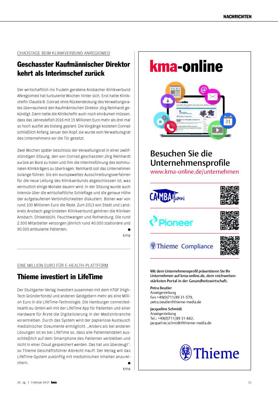 Vorschauseite 1: Eine Million Euro für E-Health-Plattform: Thieme investiert in LifeTime